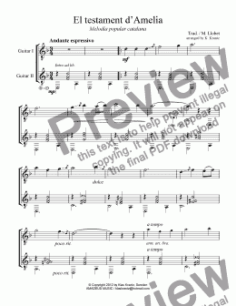 page one of El testament d’Amelia for guitar duet