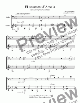 page one of El testament d’Amelia for cello and guitar