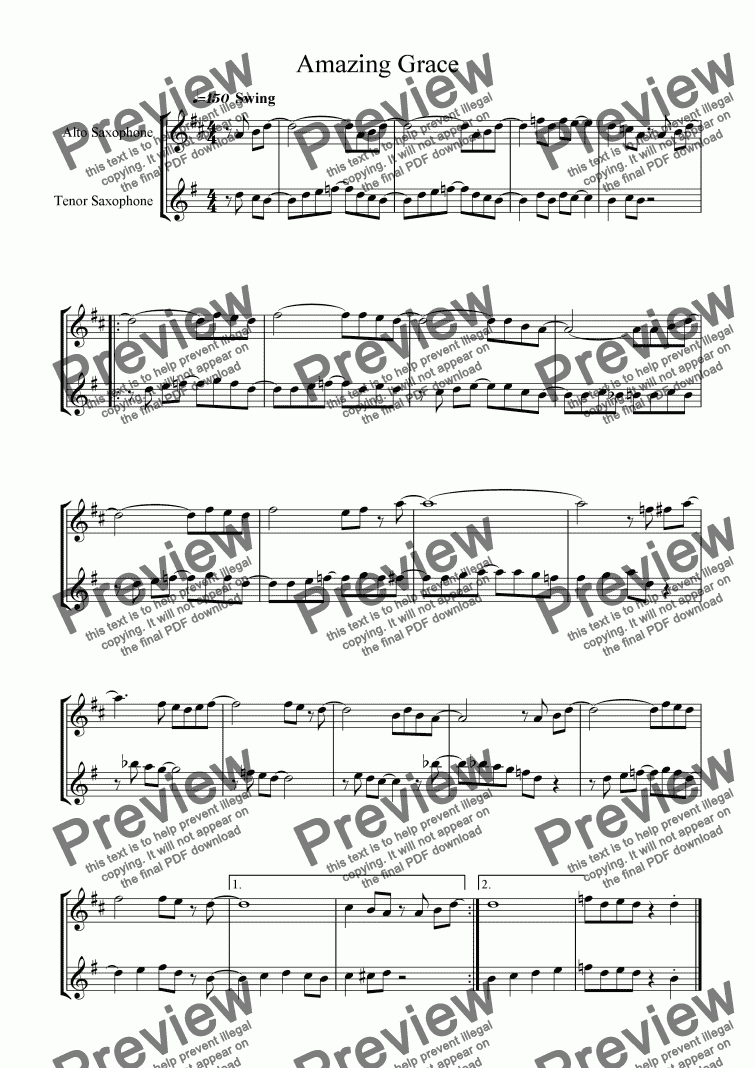 Amazing Grace Alto And Tenor Saxophone Duet Sheet Music Pdf File 