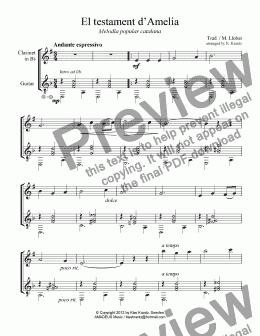 page one of El testament d’Amelia for clarinet in Bb and guitar