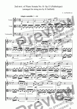 page one of 2nd mvt. of Piano Sonata No. 8. Op.13 (Pathetique) (arranged for string trio by R Duffield)