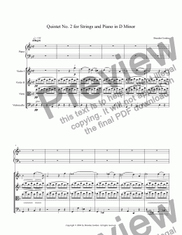 page one of Quintet No. 2 for Strings and Piano in D Minor (1st mvt)