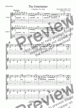 page one of The Entertainer for easy guitar duet (abridged) +TAB