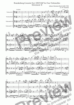 page one of Brandenburg Concerto No.2  BWV1047 for Four Violoncellos Movement  II