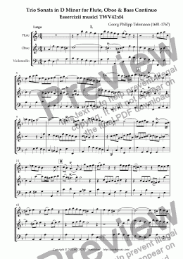 page one of Trio Sonata in D Minor for Flute, Oboe & Bass Continuo Essercizii musici TWV42:d4
