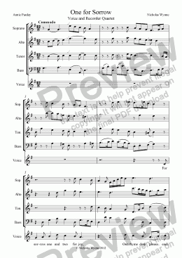 page one of One for Sorrow for Voice and Recorder Quartet