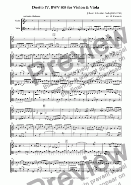 page one of Duetto IV, BWV 805 for Violon & Viola