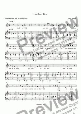 page one of Lamb of God -The Agnus Dei, an arrangement for congregational singing from the "The New Mass of Hope," a setting of the English translation of the Roman Missal