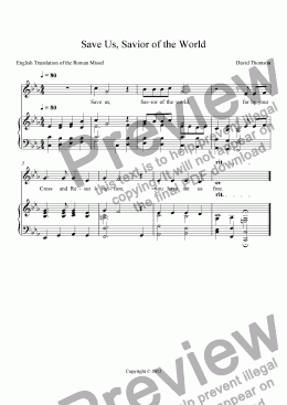 page one of Save Us, Savior of the World - an arrangement for congregational singing from the "The New Mass of Hope," a setting of the English translation of the Roman Missal