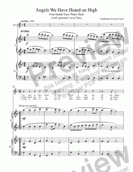 page one of Angels We Have Heard on High (TRADITIONAL FRENCH CAROL), Easy Four-Hands Piano Duet with optional vocal line arr. by Pamela Webb Tubbs