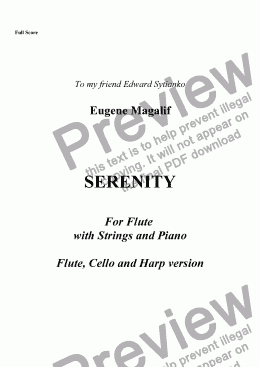 page one of SERENITY. Flute, Cello, Harp