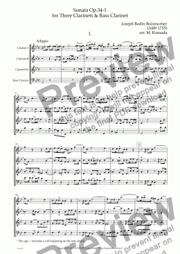 page one of Sonata Op.34-1 for Clarinet Quartet