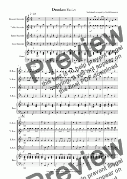 page one of Drunken Sailor for Recorder Quartet