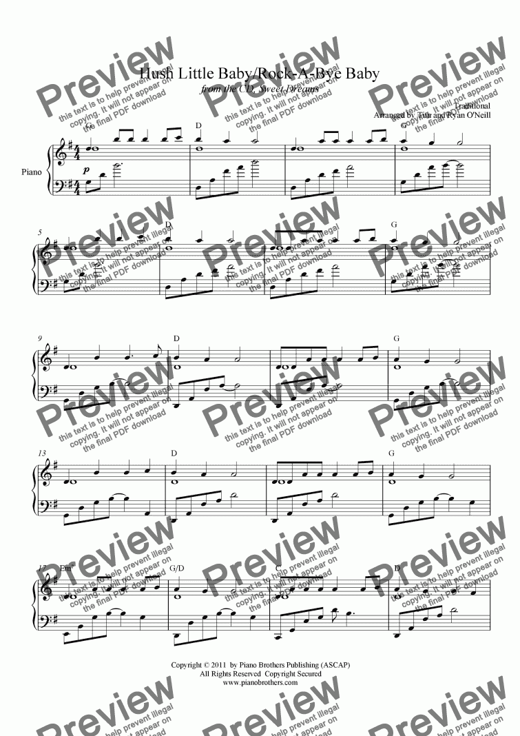 Hush Little Babyrock A Bye Baby Medley For Solo Instrument Piano By Traditional Sheet Music Pdf File To Download