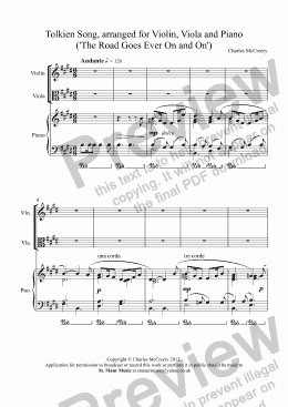 page one of Tolkien Song, arranged for Violin, Viola and Piano (’The Road Goes Ever On and On’)