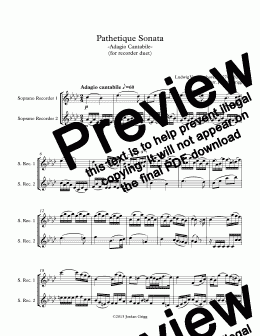 page one of Pathetique Sonata -Adagio Cantabile- (for recorder duet)