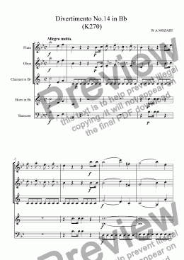 page one of Mozart: Divertimento No.14 in Bb  (K270) arr.wind quintet