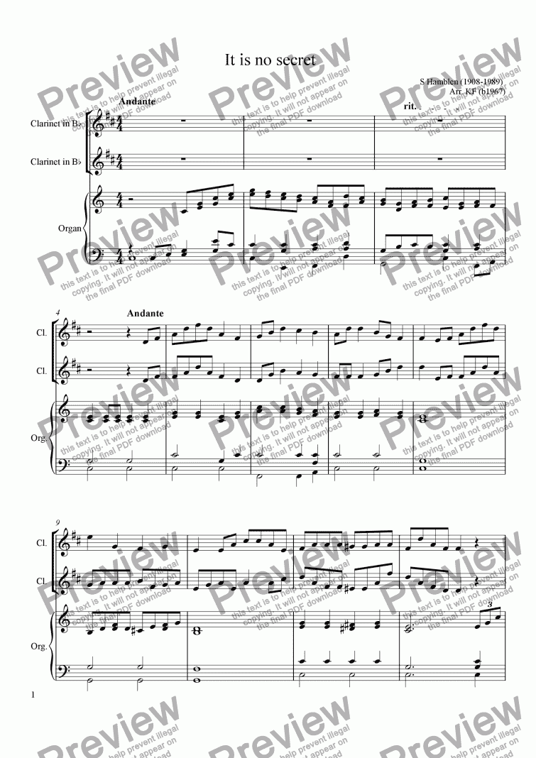 It is no secret - 2 Clarinets & organ - Download Sheet Music PDF file