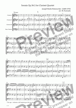 page one of Sonata Op.34-2 for Clarinet Quartet