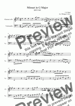 page one of 2 Minuet in G major & minor BWV 841 & 842 for Cl. & Vc.