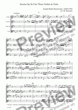 page one of Sonata Op.34-3 for Three Violins & Viola