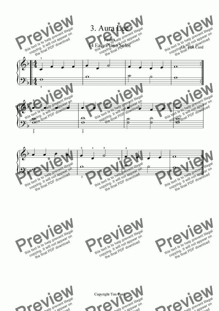 Aura Lee Easy Piano Solo Download Sheet Music Pdf File 9589