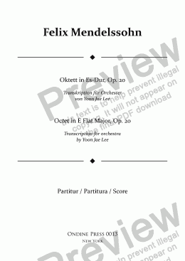 page one of Octet in E Flat Major, Op. 20 transcribed for full orchestra by Yoon Jae Lee - Full Score