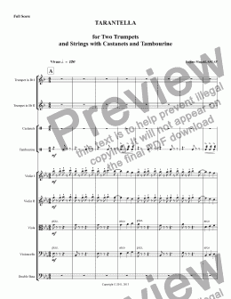 page one of TARANTELLA for Two Trumpets, Strings, Castanets, Tambourine