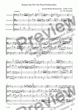 page one of Sonata Op.34-3 for Four Violoncellos