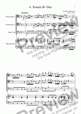 page one of Sonata B- Dur no 6 for 2 cellos and BC (Myslivecek)