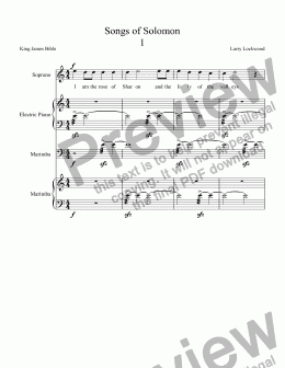 page one of Songs of Solomon orig version for voice, keybd, 2 marimbas
