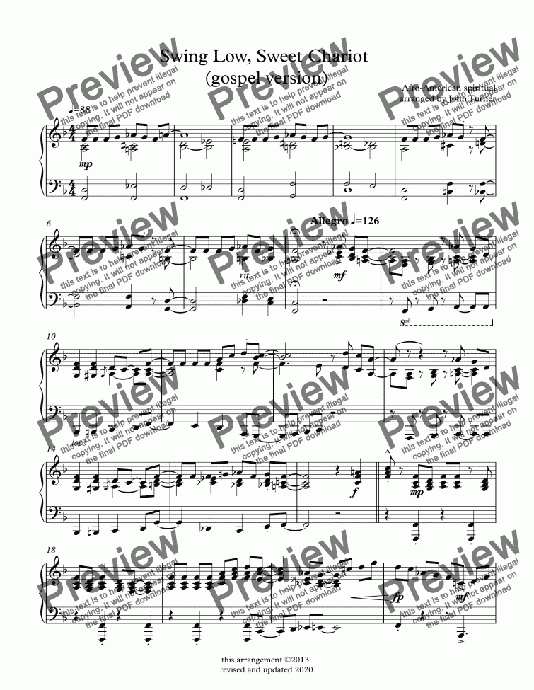 Swing Low Sweet Chariot Gospel Version For Solo Instrument Piano By Afro American Spiritual Arranged By John Turner Sheet Music Pdf File To