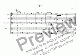 page one of Elgar: Four Dances: 4.Gigue: written for a quintet of 2 flutes,oboe,clarinet and bassoon (arranged wind quintet)