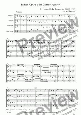 page one of Sonata  Op.34-5 for Clarinet Quartet