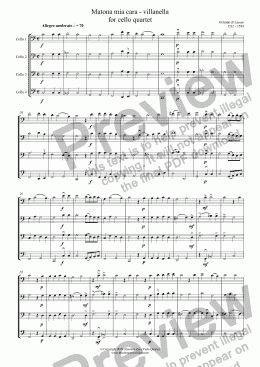 page one of Lassus - MATONA MIA CARA - for cello quartet