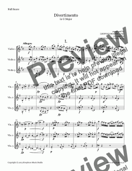 page one of LEOPOLD MOZART : Divertimento in G Major, arranged for 3 violins