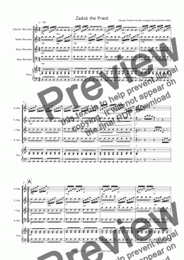 page one of Zadok the Priest for Recorder Quartet