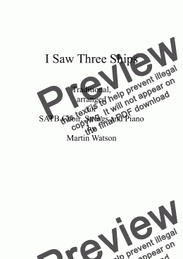 page one of I Saw Three Ships for SATB, Piano and Strings.