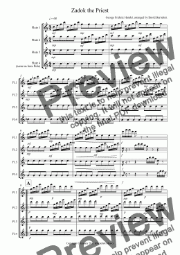 page one of Zadok the Priest for Flute Quartet