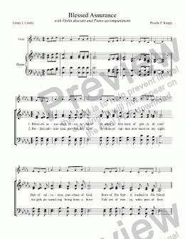 page one of Blessed Assurance (KNAPP-CROSBY) Hymn for 4-part (SATB) mixed voices Choir with Piano accompaniment and Solo Violin descant, arr. by Pamela Webb Tubbs