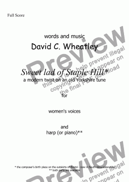 page one of Sweet lad of Staple Hill - a fun song for womens voices + harp/keyboard by David Wheatley 