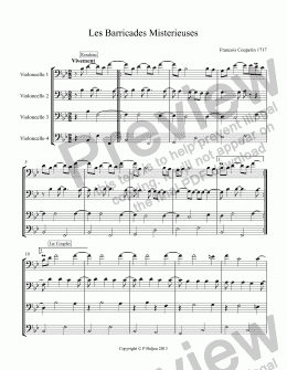page one of Les Barricades Misterieuses (for Cellos)