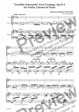 page one of ’Gestillte Sehnsucht’ Zwei Gesänge, Op.91-1  for Violin, Clarinet & Piano