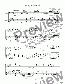 page one of Rule, Britannia! for cello and guitar (A Major)