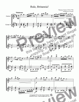 page one of Rule, Britannia! for easy guitar duet (G major)