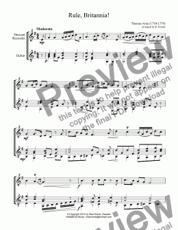 page one of Rule, Britannia! for descant recorder and easy guitar (G Major)
