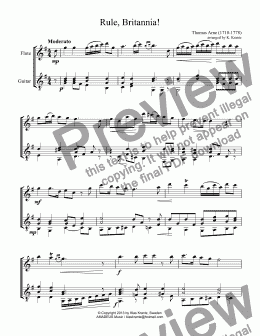 page one of Rule, Britannia! for flute and easy guitar (G major)