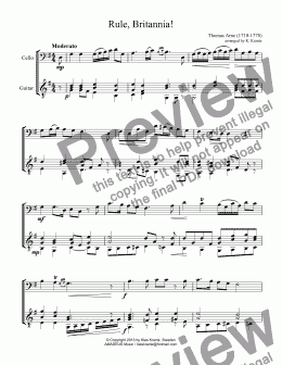 page one of Rule, Britannia! for cello and easy guitar (G Major)