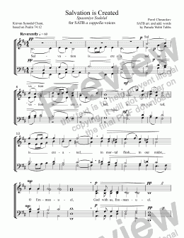 page one of Salvation is Created (CHESNOKOV - transliterated Tschesnokoff, Tchesnokov, Tchesnokoff, Chesnokoff) Advent or General anthem for SATB a cappella choir, arr. by Pamela Webb Tubbs