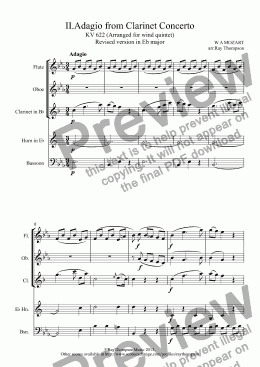 page one of Mozart: Clarinet Concerto: Mvt.II Adagio (transposed into Eb, inc. Cl in Bb) - wind quintet